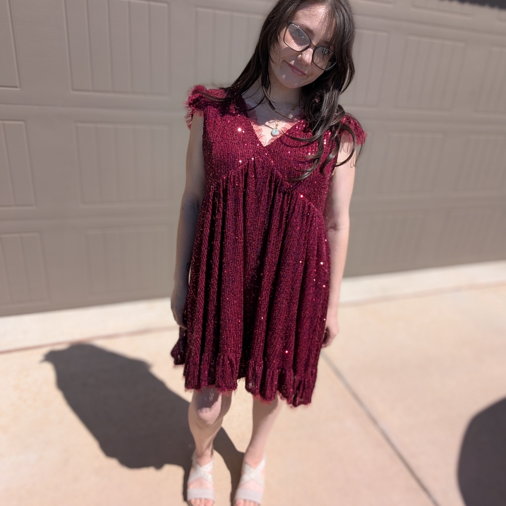 Burgundy Sequin Midi Dress with Cap Sleeves